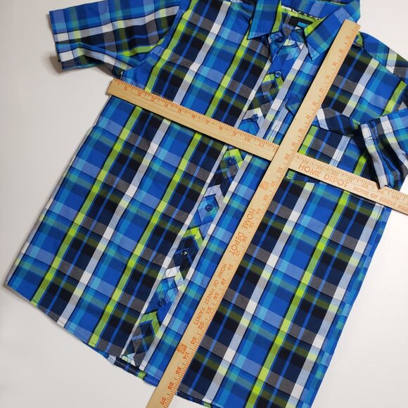 NWOT Amplify Half sleeve Shirt Boys Size L 14-16 Short Button up Plaid Blue - Picture 4 of 8